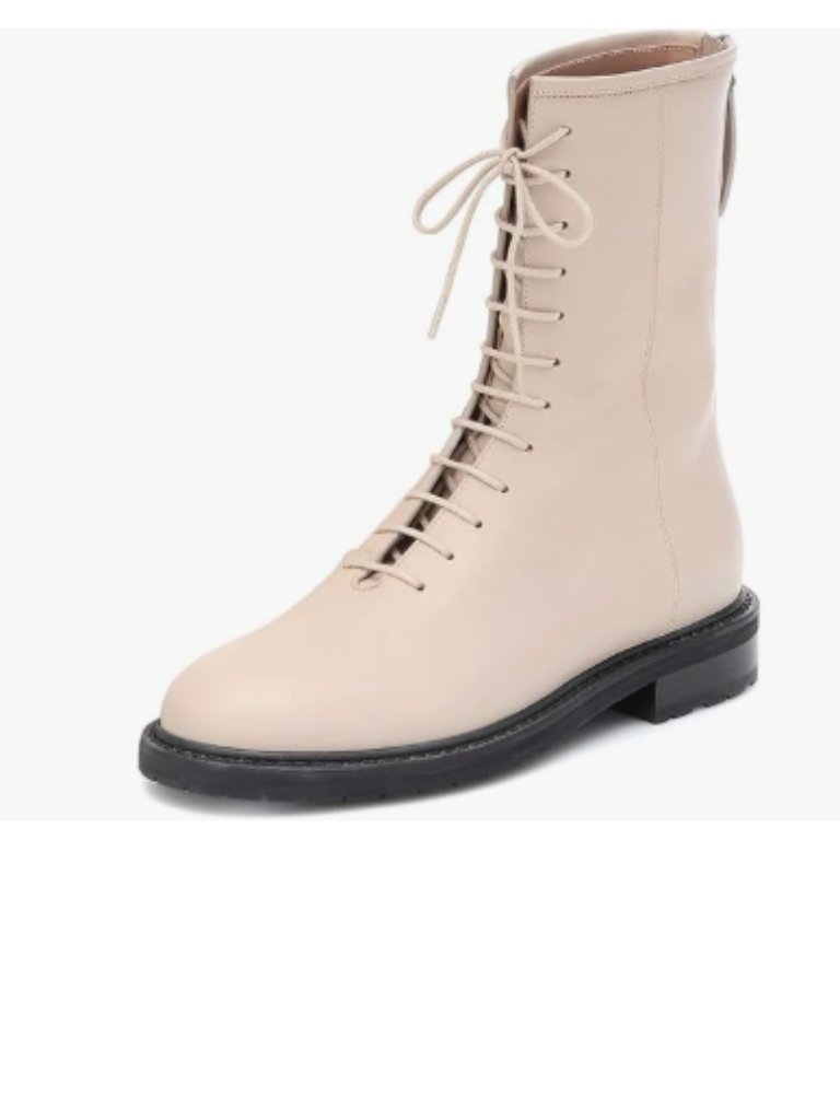 Nude Combat Boots Lug Sole Stacked Chunky Heel Front Lace Up Back Zipper Boot